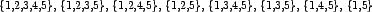 \begin{table}\begin{center}
\{1,2,3,4,5\},
\{1,2,3,5\},
\{1,2,4,5\},
\{1,2,5\},
\{1,3,4,5\},
\{1,3,5\},
\{1,4,5\},
\{1,5\}
\end{center}\end{table}